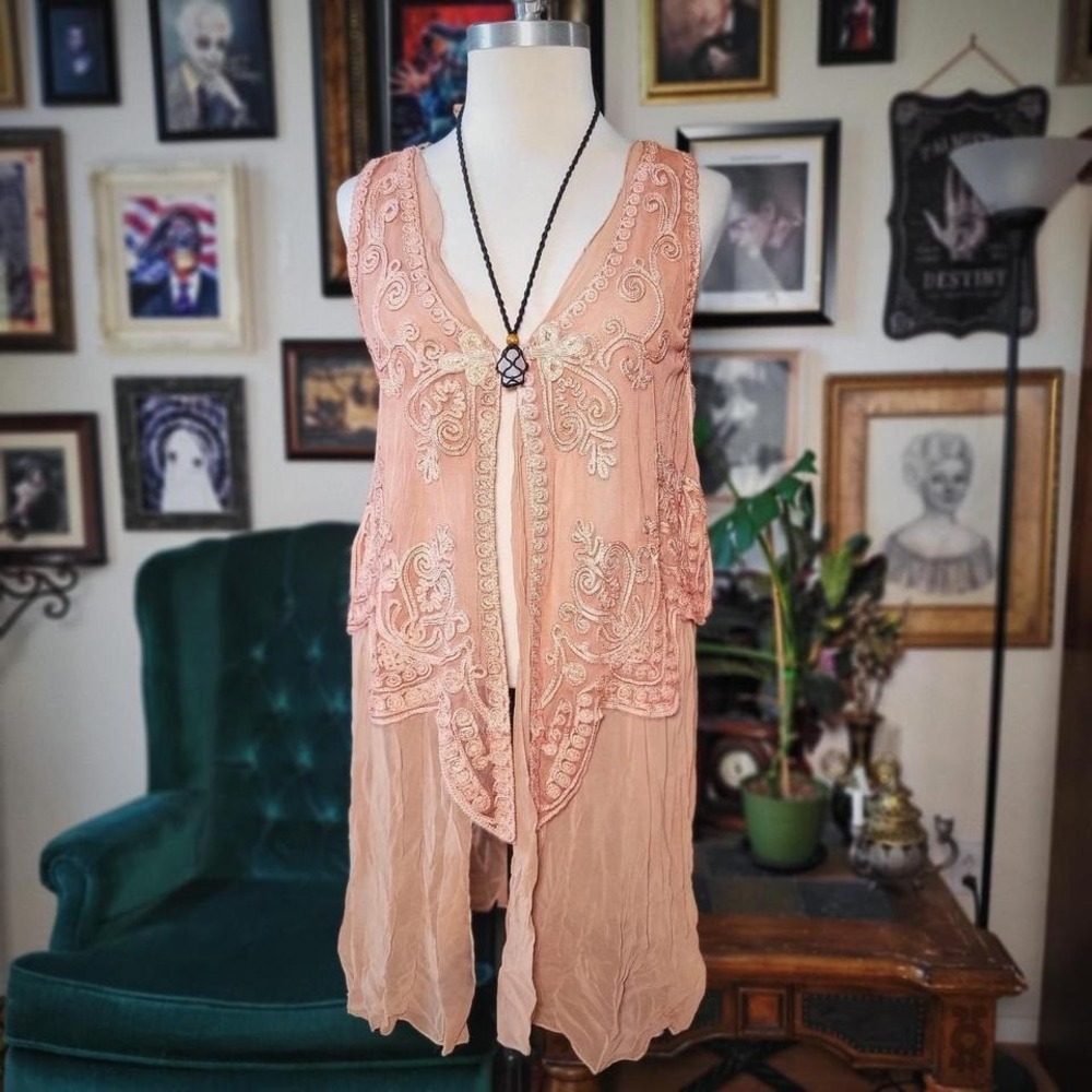 Pretty Angel Long Vest Embroidered Peach Boho Lace Sheer Layering‎ Women L NWT